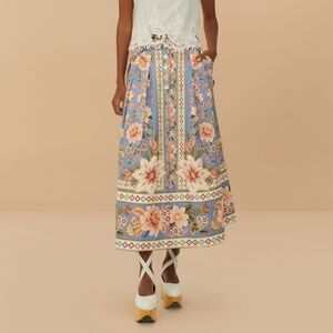 FARM RIO Blue Superbloom Tapestry Buttoned Maxi Skirt